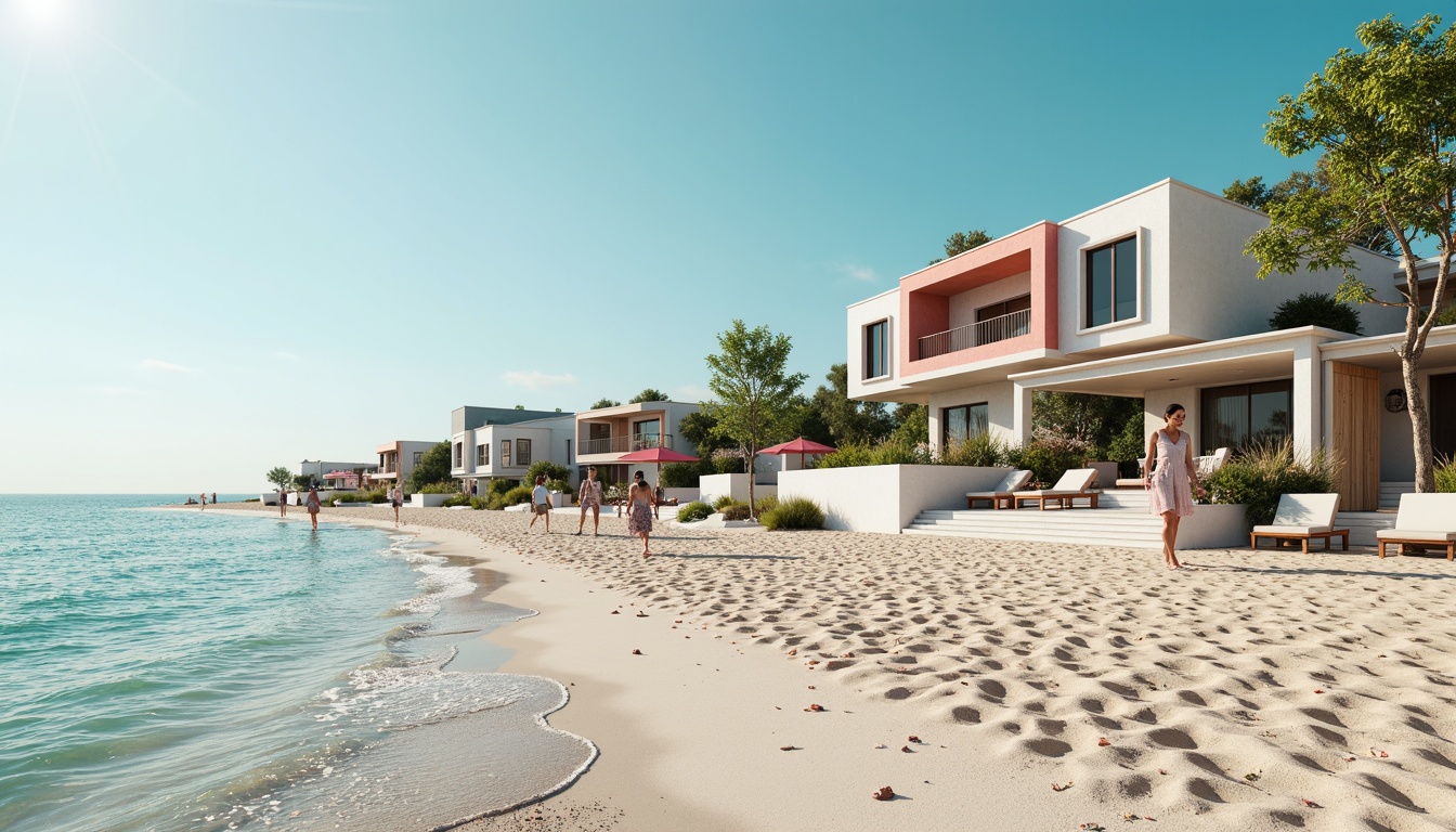 Prompt: Beachside buildings, coastal architecture, soft pastel hues, calming turquoise, warm sandy neutrals, driftwood grays, ocean-inspired blues, vibrant coral accents, natural textures, weathered wooden decks, sea-salt infused air, gentle ocean breeze, sunlight reflections on water, shallow depth of field, 1/1 composition, symmetrical framing, realistic renderings, ambient occlusion.