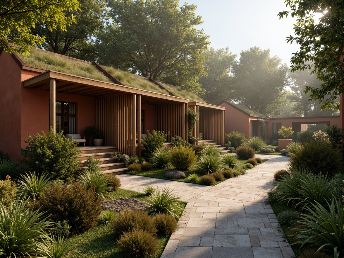 Prompt: Rustic wooden cabins, reclaimed wood accents, earthy terracotta walls, living green roofs, bamboo flooring, natural stone pathways, organic gardens, lush vegetation, serene forest surroundings, warm sunlight filtering through trees, soft misty atmosphere, 1/1 composition, realistic textures, ambient occlusion, shallow depth of field.