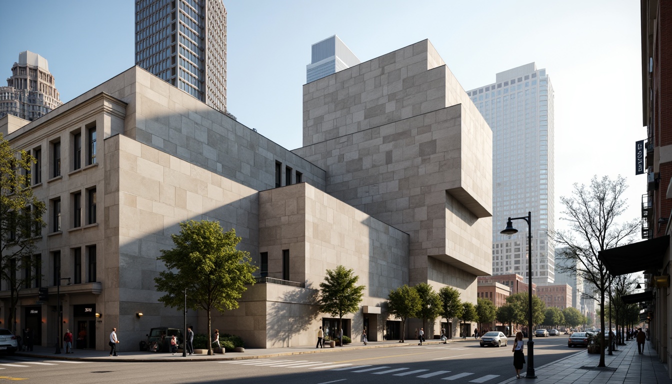 Prompt: Monumental bank building, geometric concrete facades, brutalist architecture, angular lines, cantilevered structures, raw concrete textures, industrial metal accents, minimalist ornamentation, urban cityscape, busy streets, morning sunlight, soft shadows, 1/1 composition, realistic materials, ambient occlusion.Note