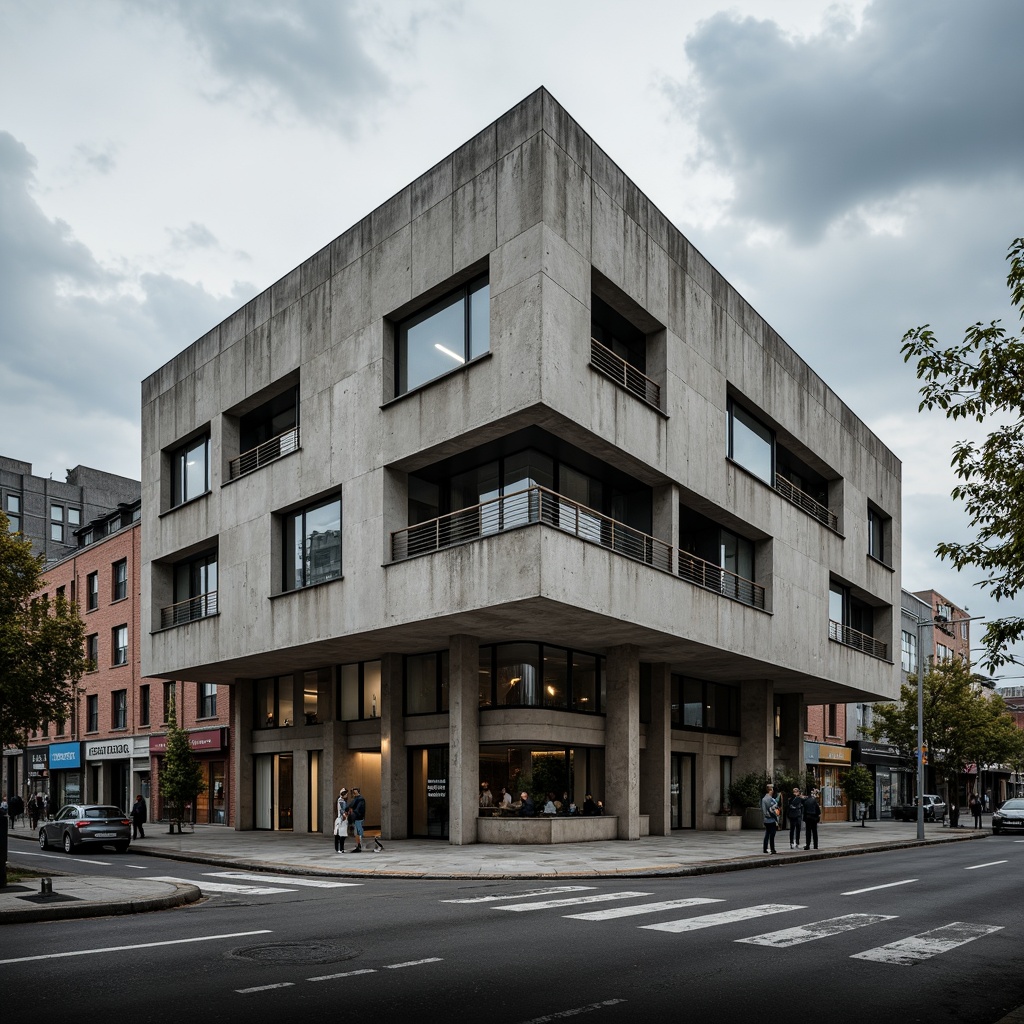 Prompt: Rugged brutalist building, fortress-like exterior, raw concrete walls, angular geometric shapes, bold cantilevered structures, industrial-style metal beams, textured stone cladding, minimalist windows, fortress-like entrance, urban cityscape background, dramatic cloudy sky, high-contrast lighting, deep shadows, 1/2 composition, symmetrical framing, gritty realistic textures, atmospheric misting.