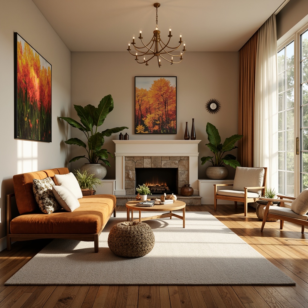 Prompt: Cozy living room, plush velvet sofa, warm beige walls, rich wood flooring, modern minimalist decor, elegant chandelier, soft cream curtains, vibrant greenery, natural stone fireplace, comfortable reading nook, floor-to-ceiling windows, bright morning light, shallow depth of field, 1/1 composition, realistic textures, ambient occlusion.