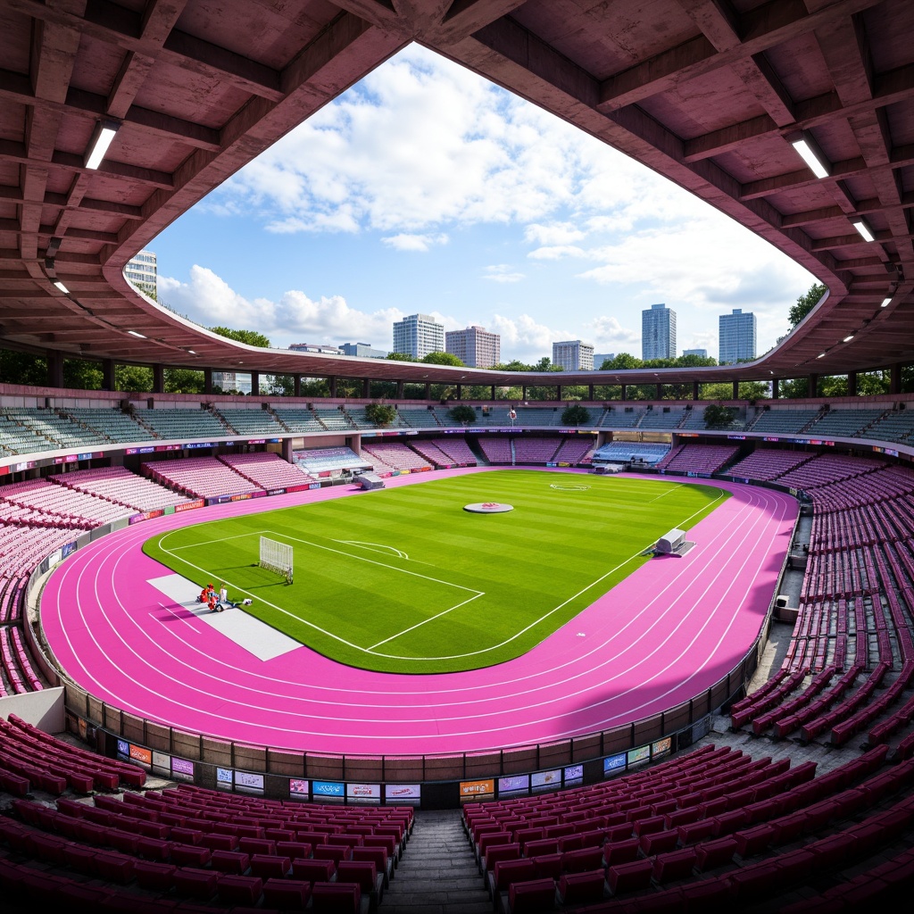 Prompt: Vibrant fuchsia accents, urban sports fields, modern athletic tracks, sleek stadium seating, bright green grass, artificial turf, sports equipment silhouettes, cityscape backgrounds, concrete architecture, graffiti walls, street art murals, dynamic lighting, shallow depth of field, 1/2 composition, realistic textures, ambient occlusion.