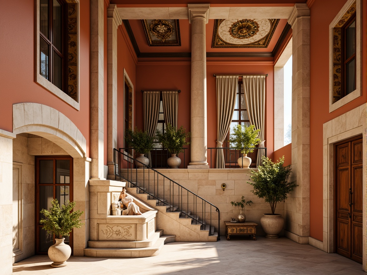 Prompt: Warm terracotta facades, soft golden stonework, creamy white marble columns, ornate bronze details, rich velvet drapes, intricate fresco ceilings, elegant grand staircases, ornamental gilded frames, rustic stone archways, weathered wooden accents, subtle earthy tones, warm sunlight filtering, soft shadows, 1/2 composition, symmetrical layout, realistic textures, ambient occlusion.