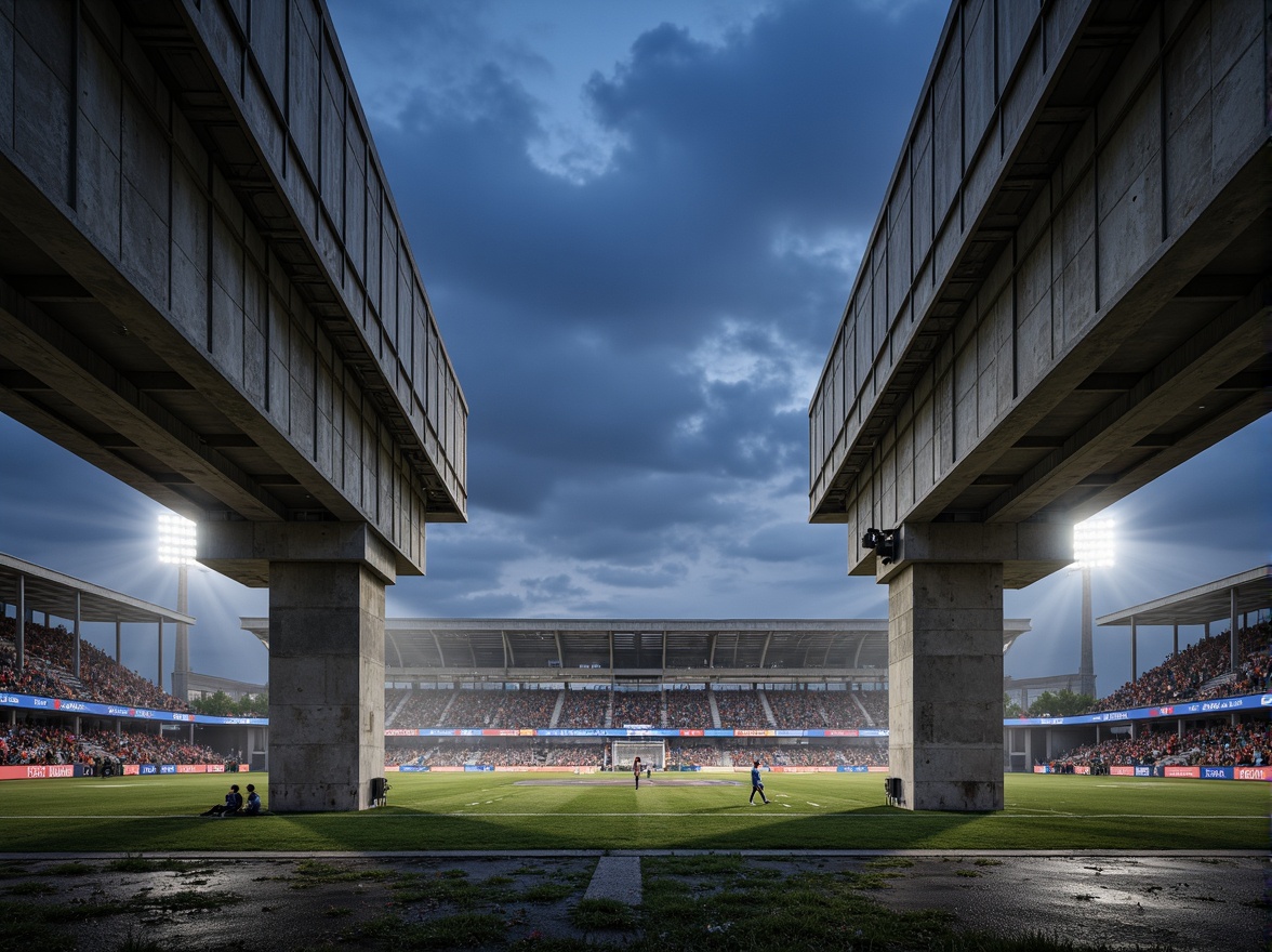 Prompt: Exposed concrete columns, raw steel beams, cantilevered roofs, angular lines, brutalist architecture, monumental scale, imposing grandstands, steep seating slopes, vibrant team colors, floodlighting, dramatic shadows, evening atmosphere, misty ambiance, 3/4 composition, low-angle shot, realistic textures, ambient occlusion.