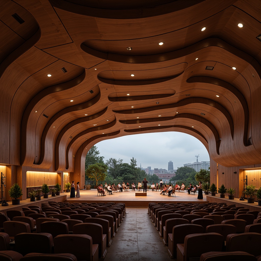 Prompt: Curved concert hall, flowing organic shapes, wooden acoustic panels, natural materials, earthy color palette, warm ambient lighting, intimate performance space, raised stage, circular seating arrangement, sound-absorbing textiles, minimalist decor, exposed ductwork, industrial chic aesthetic, urban cityscape backdrop, misty evening atmosphere, soft box lighting, shallow depth of field, 2/3 composition, cinematic rendering, realistic reflections.