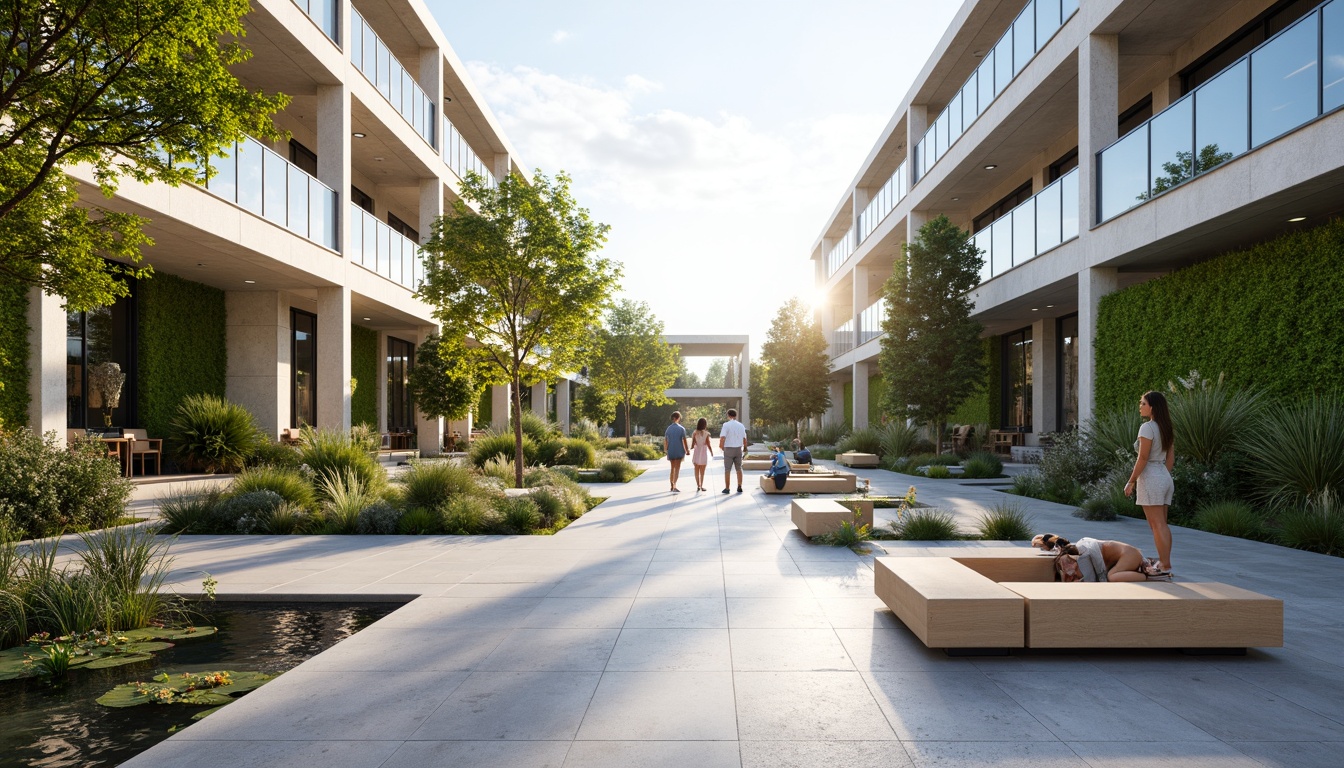 Prompt: Vast open plazas, minimalist landscaping, modern benches, stainless steel railings, glass canopies, natural stone flooring, sleek water features, vibrant green walls, tropical plant species, sunny day, soft warm lighting, shallow depth of field, 3/4 composition, panoramic view, realistic textures, ambient occlusion.