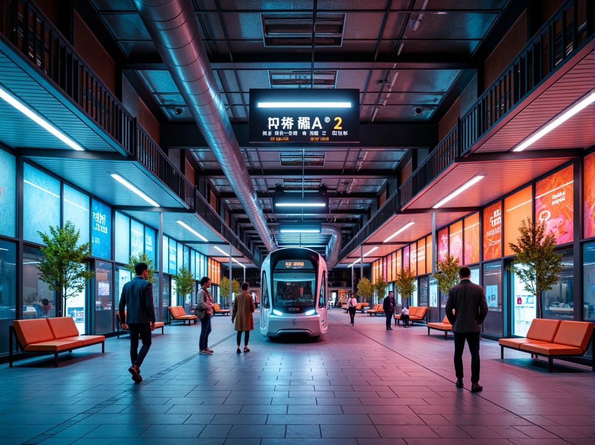 Prompt: Vibrant tram station, urban architecture, modern design, bold color scheme, bright lighting, stainless steel columns, glass roofs, ceramic tiles, wayfinding signage, passenger information displays, sleek benches, comfortable waiting areas, natural stone flooring, industrial-chic aesthetic, exposed ductwork, dynamic LED lighting, futuristic ambiance, busy city atmosphere, morning rush hour scene, soft focus effect, 1/2 composition, symmetrical framing.