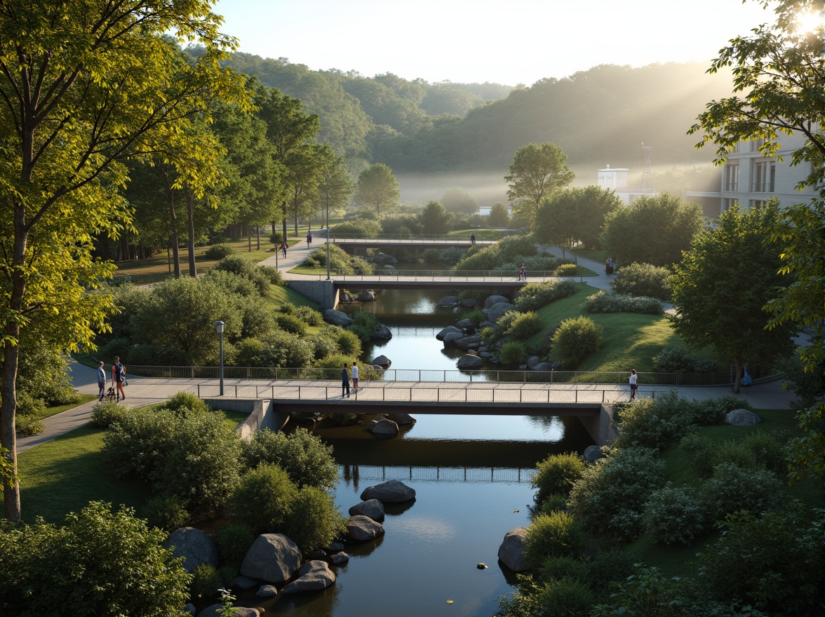 Prompt: Eco-friendly bridge design, verdant surroundings, lush greenery, gentle water flow, natural stone piers, steel arches, suspension cables, pedestrian walkways, cycling paths, bird's eye view, soft warm lighting, 1/2 composition, realistic textures, ambient occlusion, misty morning atmosphere, serene landscape, minimal carbon footprint, renewable energy systems, solar panels, wind turbines, green roofs, sustainable building materials, innovative drainage solutions, water conservation systems.