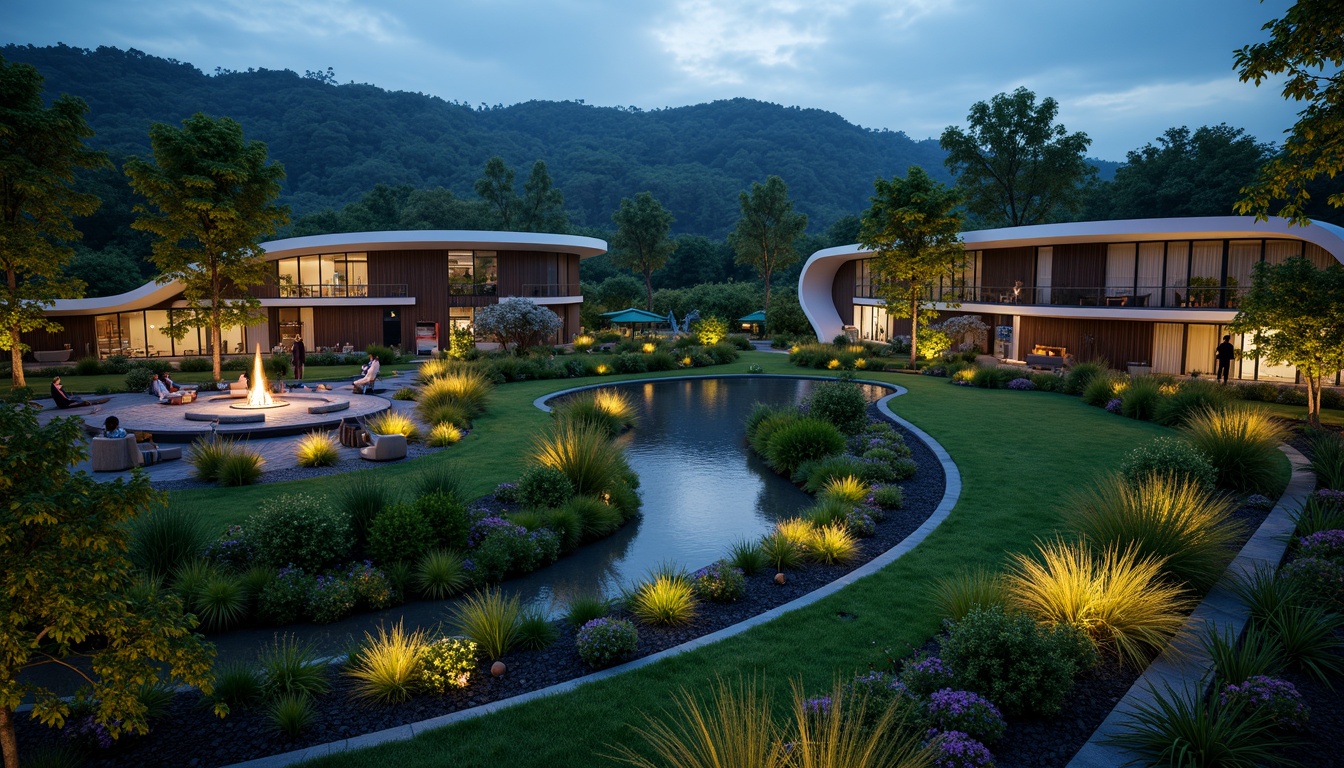 Prompt: Rolling hills, lush greenery, meandering pathways, serene water features, modern curved buildings, sleek glass facades, cantilevered structures, natural stone walls, wooden accents, vibrant floral arrangements, eclectic outdoor furniture, abstract sculptures, dramatic nighttime lighting, shallow depth of field, 1/2 composition, realistic textures, ambient occlusion.