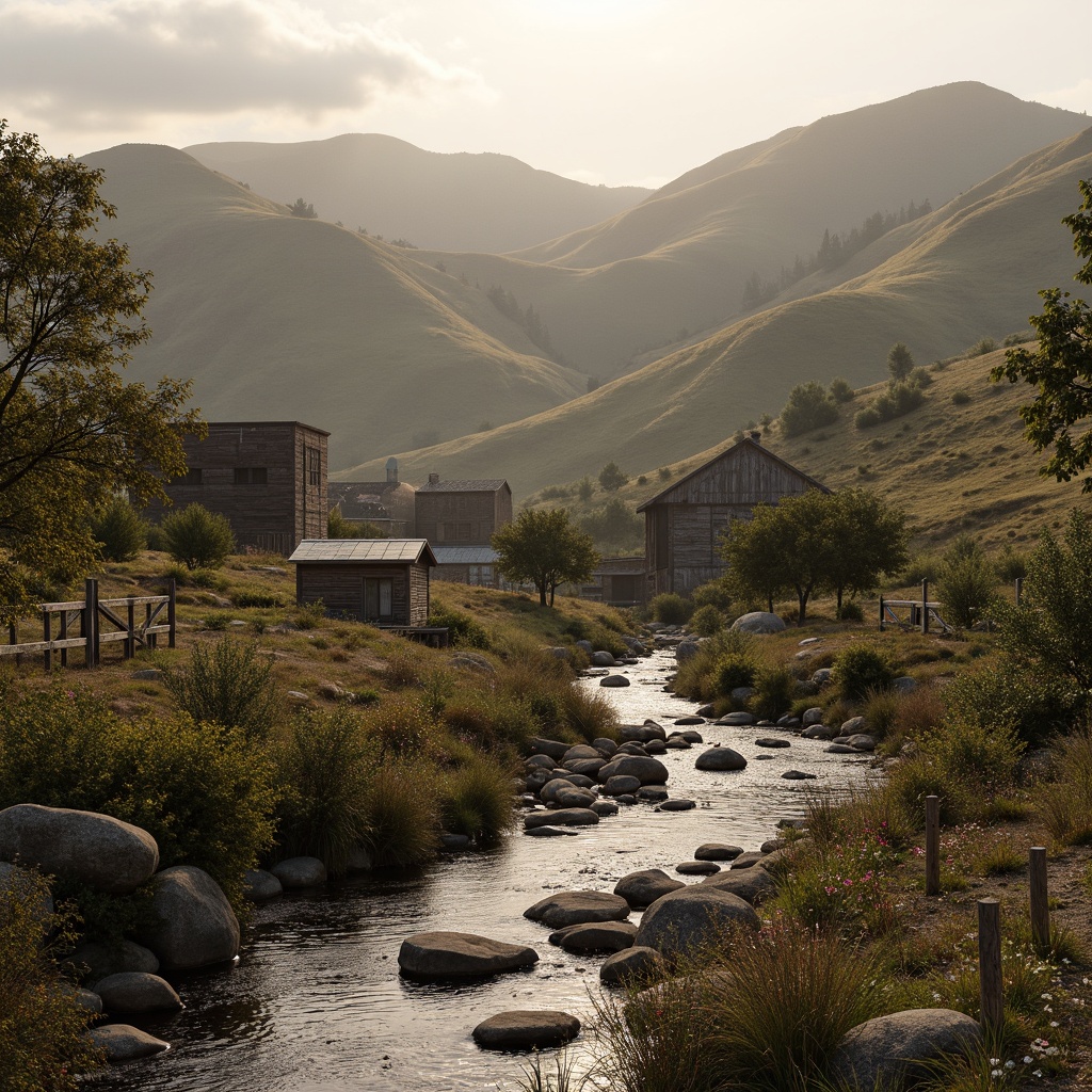 Prompt: Rustic countryside, rolling hills, meandering streams, native flora, wildflowers, weathered stone walls, wooden fences, rural cottages, earthy tones, natural materials, locally sourced timber, thatched roofs, curved lines, organic shapes, soft warm lighting, early morning mist, shallow depth of field, 1/2 composition, intimate scale, cozy atmosphere.