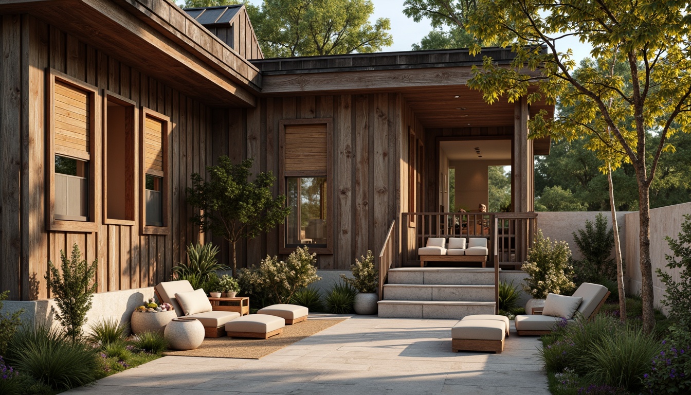 Prompt: Rustic wooden accents, reclaimed wood planks, natural stone walls, earthy color palette, sustainable building materials, eco-friendly insulation, low-maintenance exterior cladding, weathered metal roofs, distressed finishes, vintage decorative items, warm ambient lighting, shallow depth of field, 1/1 composition, realistic textures, ambient occlusion.