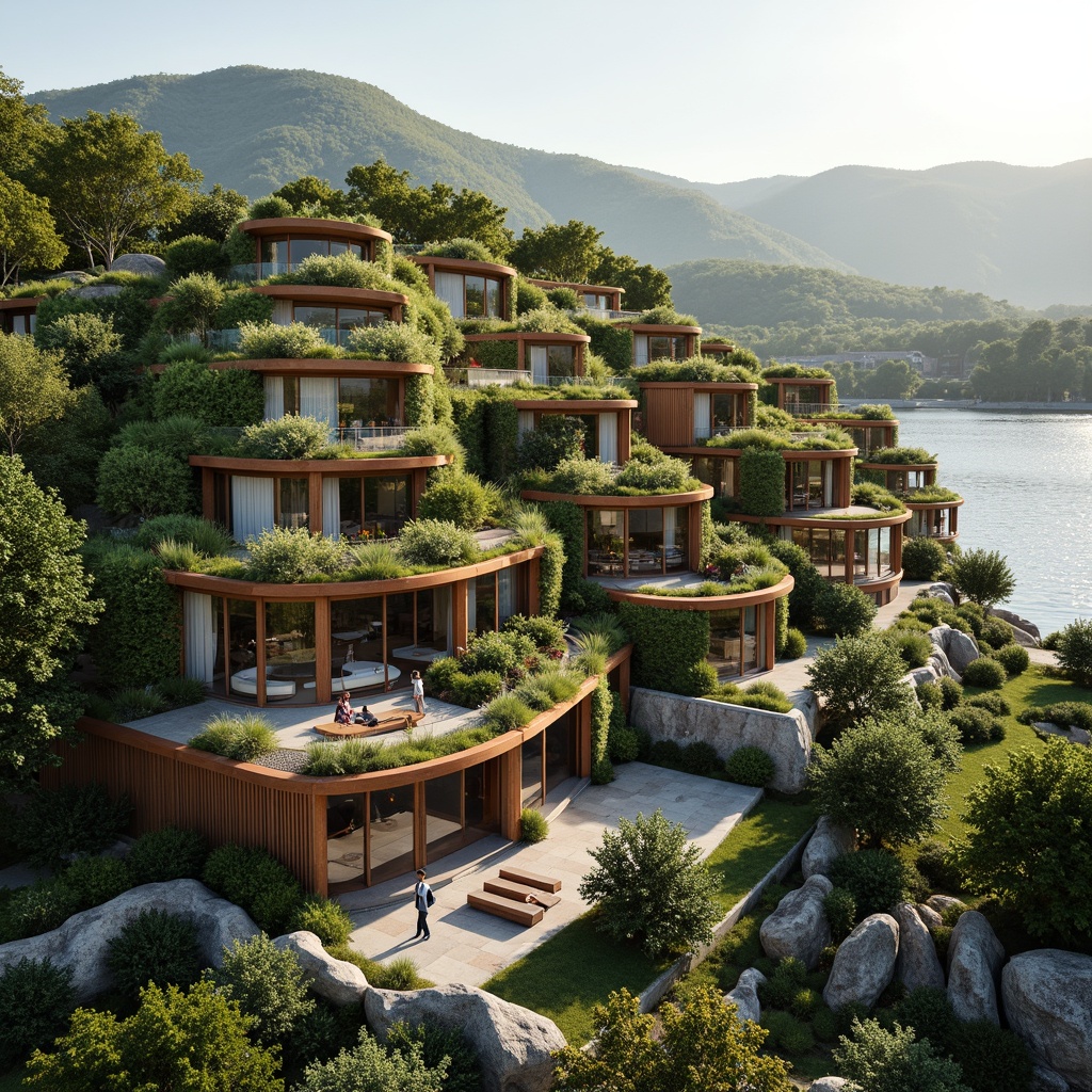 Prompt: Harmonious building facade, lush green roofs, vibrant flower walls, natural stone cladding, wooden accents, floor-to-ceiling windows, sliding glass doors, spacious balconies, outdoor seating areas, cantilevered overhangs, organic architecture, curved lines, earthy tones, seamless transitions, surrounding landscape views, rolling hills, serene lakes, misty mornings, warm soft lighting, 1/2 composition, atmospheric perspective, detailed textures, subtle animations.