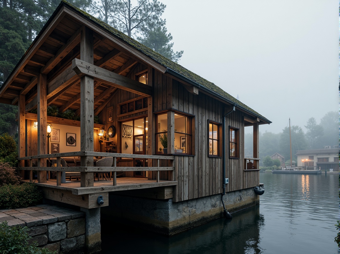 Prompt: Rustic wooden boathouse, academic architectural style, traditional pitched roof, weathered wood siding, nautical decorations, vintage fishing nets, old lanterns, waterfront location, serene lake views, misty morning atmosphere, soft warm lighting, shallow depth of field, 3/4 composition, panoramic view, realistic textures, ambient occlusion, sturdy stone foundation, reinforced steel beams, wooden support columns, intricate roof trusses, functional pulley systems, classic sailing boat models, nostalgic nautical artifacts.