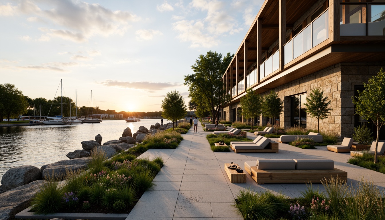 Prompt: Riverbank promenade, lush green vegetation, serene waterfront, wooden docks, sailboats, gentle river flow, natural stone walls, modern minimalist architecture, large glass windows, cantilevered roofs, steel frames, rustic wooden accents, warm sunset lighting, shallow depth of field, 1/1 composition, panoramic view, realistic water reflections, ambient occlusion.