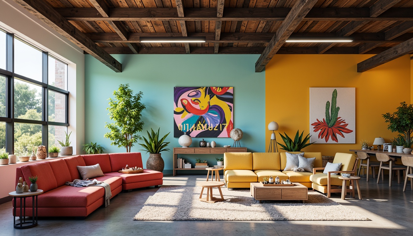 Prompt: Vibrant art studio, eclectic furniture, abstract sculptures, bold typography, pastel color walls, natural wood accents, industrial metal beams, edgy modern architecture, dramatic lighting, shallow depth of field, 1/1 composition, warm and cool tone contrast, rich textures, ambient occlusion.