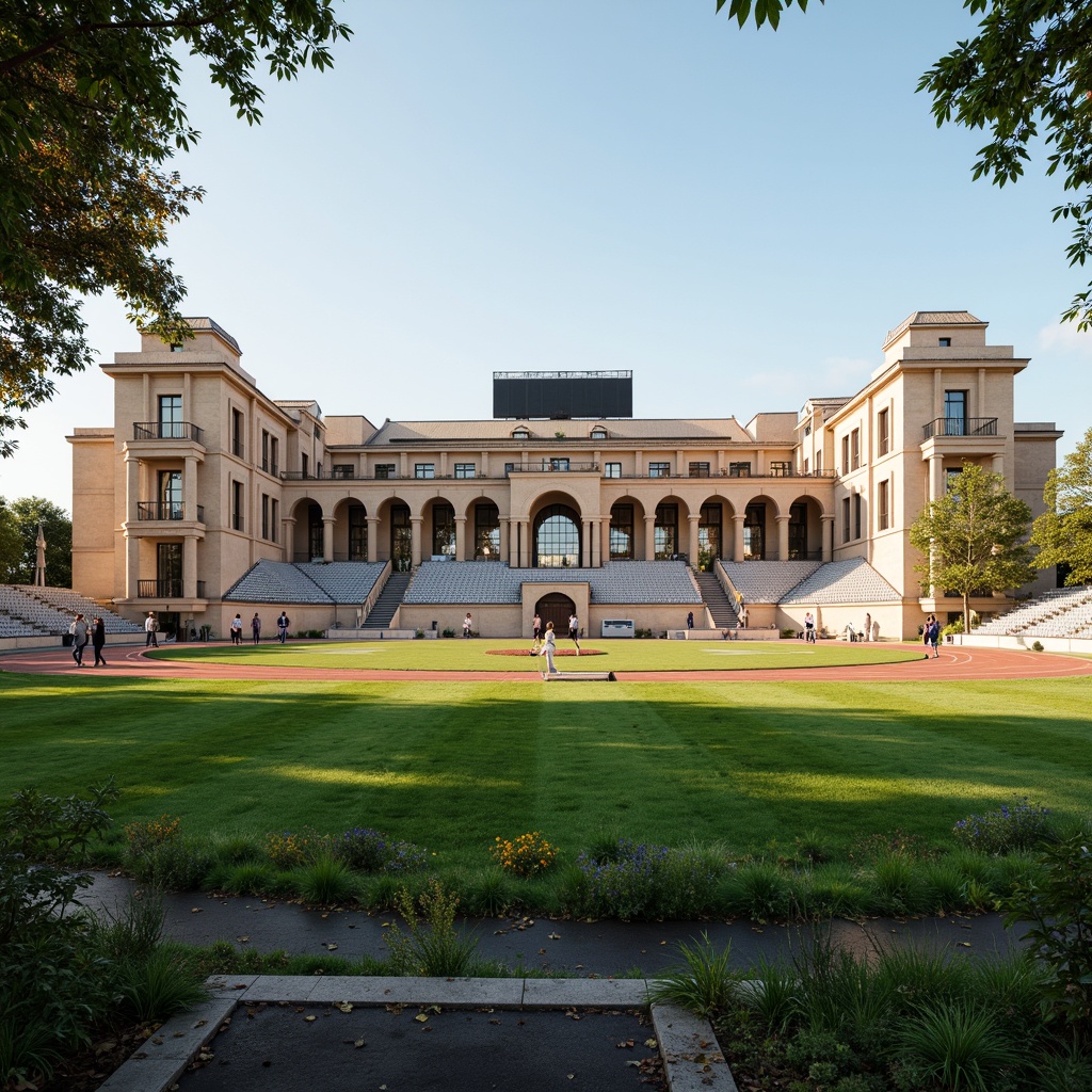 Prompt: Grand stadium facade, neoclassical columns, ornate arches, rusticated stone walls, elegant entrance gates, lush green grass fields, athletic tracks, sports equipment, vintage scoreboard, nostalgic bleachers, warm sunny day, soft natural lighting, shallow depth of field, 3/4 composition, symmetrical architecture, historic landmarks, classical ornaments, earthy color palette, realistic textures, ambient occlusion.