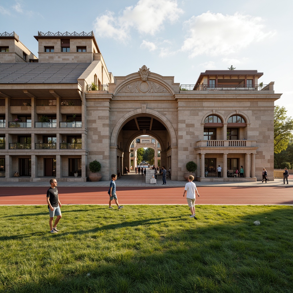 Prompt: Grandstands with Doric columns, ornate arches, athletic track, lush green grass, classic scoreboards, vintage-inspired signage, rustic stone walls, weathered brick facades, majestic entrance gates, bronze statues, triumphal archways, soft afternoon sunlight, warm golden lighting, shallow depth of field, 1/2 composition, symmetrical framing, realistic textures, ambient occlusion.