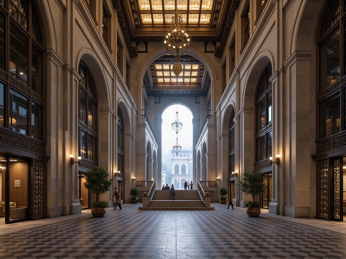 Prompt: Granite-clad banking hall, monumental columns, ornate metalwork, geometric patterns, symmetrical composition, grand staircase, marble flooring, high ceilings, dramatic chandeliers, imposing entrance gates, rusticated base, classical arches, strong vertical lines, rectangular windows, bronze door handles, intricate stone carvings, urban cityscape, morning fog, soft diffused lighting, 1/2 composition, realistic materials, ambient occlusion.