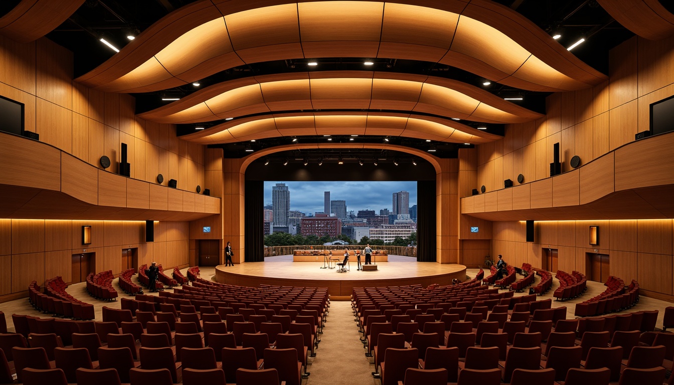 Prompt: Curved concert hall, flowing organic shapes, natural wood tones, acoustic panels, undulating ceiling, dynamic lighting systems, warm ambient glow, plush velvet seats, polished chrome accents, modern minimalist decor, urban cityscape, nighttime skyline, soft focus blur, shallow depth of field, 1/2 composition, realistic textures, subtle ambient occlusion.