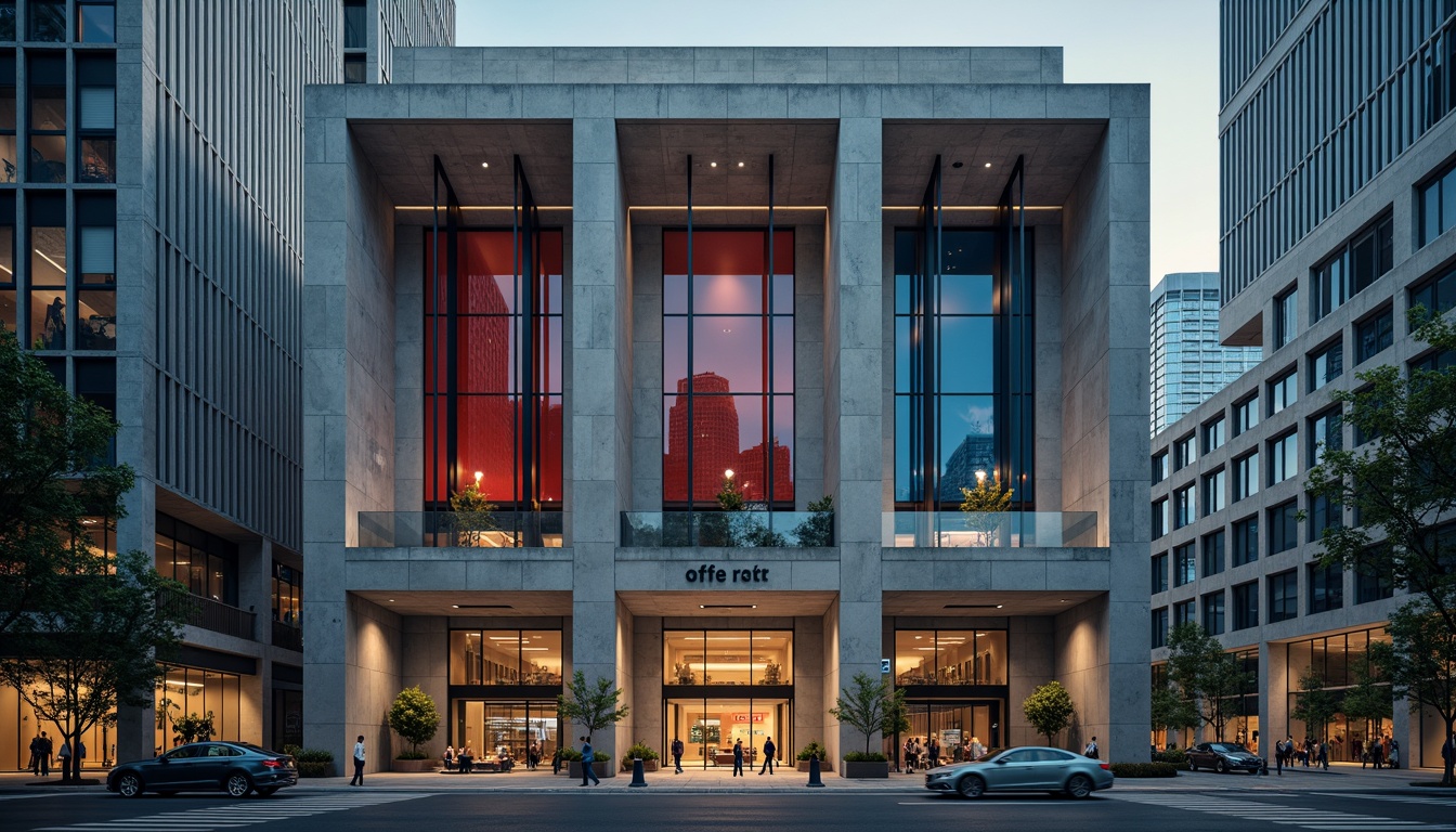 Prompt: Monumental bank building, concrete columns, industrial metal beams, geometric shapes, urban landscape, overcast day, dramatic shadows, high-contrast lighting, bold typography, brutalist architecture, functional design, minimalist decor, raw concrete textures, metallic accents, glass partitions, open floor plans, modern urban atmosphere, neutral color scheme with pops of deep blues and reds. Colors