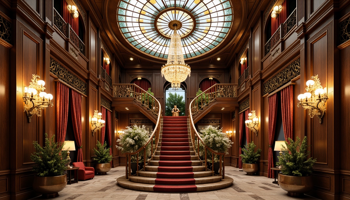 Prompt: Luxurious Art Nouveau hotel lobby, intricate ironwork, ornate wooden paneling, stained glass ceiling, grand staircase, velvet drapes, crystal chandeliers, gilded moldings, sinuous lines, organic forms, flowing curves, botanical motifs, peacock-inspired patterns, rich jewel tones, warm golden lighting, shallow depth of field, 1/2 composition, realistic textures, ambient occlusion.