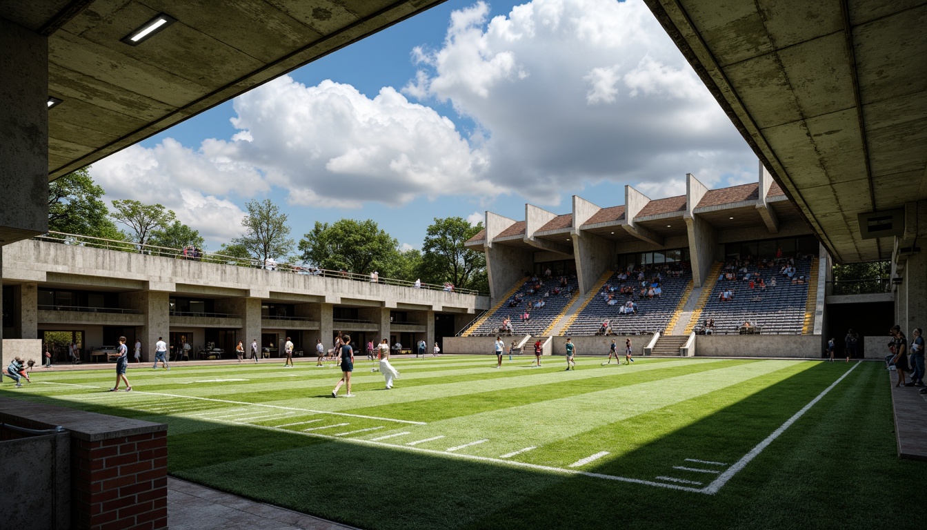 Prompt: Exposed concrete fa\u00e7ade, rugged stone walls, cantilevered rooflines, angular steel beams, industrial-style light fixtures, brutalist architecture, monumental scale, imposing grandstand, tiered seating areas, vibrant green artificial turf, bold white goalposts, robust metal railings, weathered concrete textures, dramatic shadowplay, high-contrast lighting, 1/2 composition, low-angle shot, gritty realistic atmosphere.