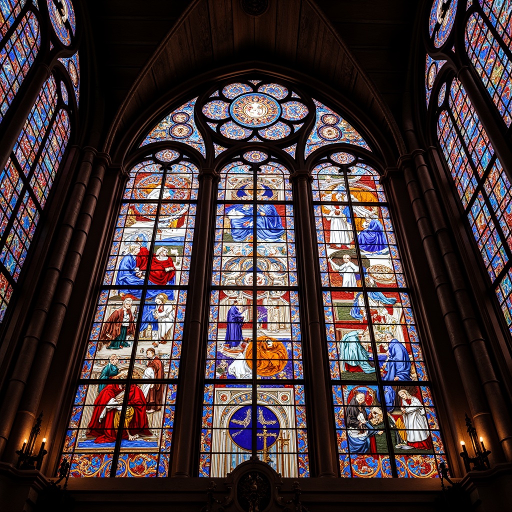 Prompt: Vibrant stained glass windows, intricate glass art, kaleidoscope colors, ornate metal frames, Gothic Revival architecture, grand cathedrals, sacred spaces, luminous lighting, soft warm glow, detailed textures, 1/1 composition, realistic reflections, ambient occlusion.