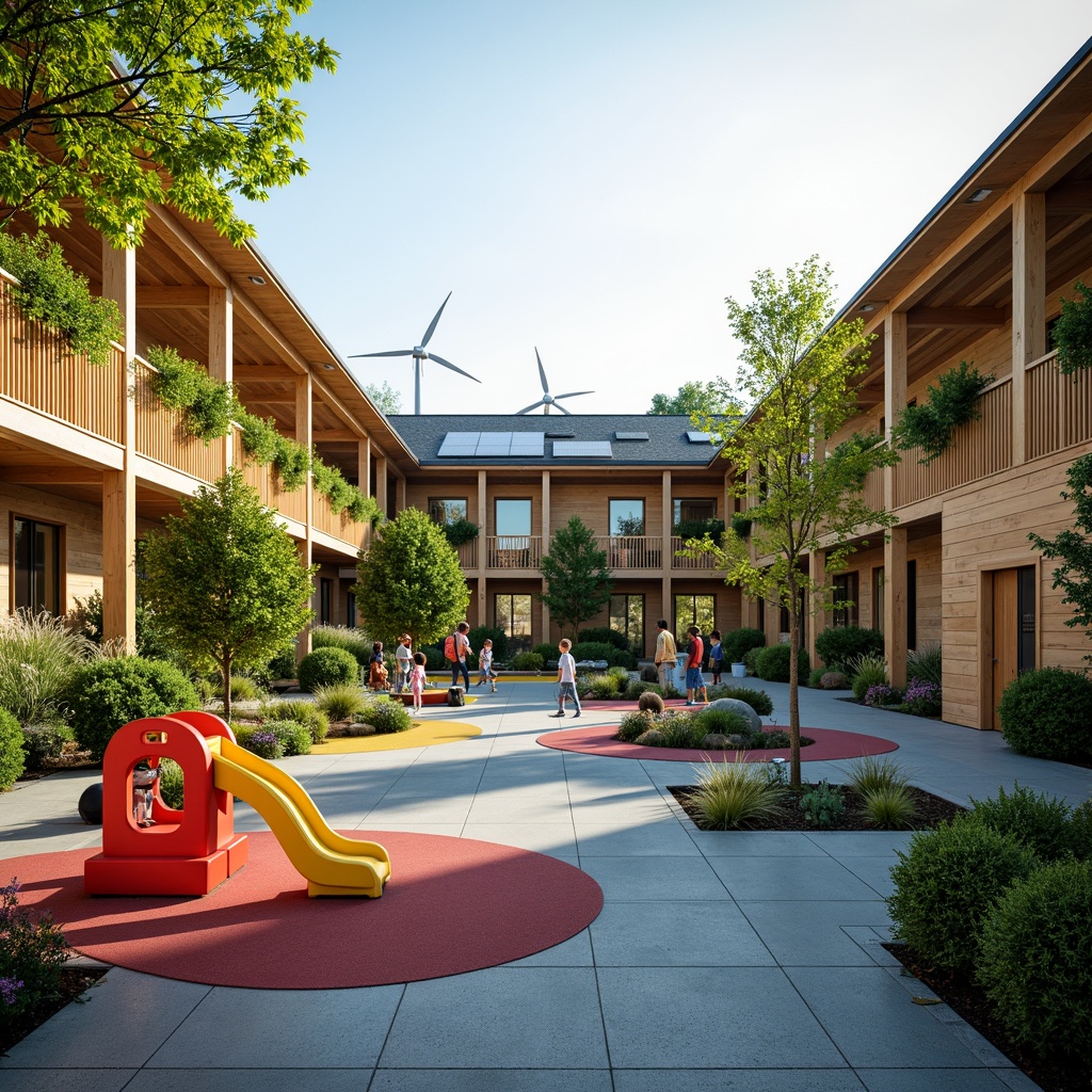 Prompt: Vibrant kindergarten playground, eco-friendly rubber flooring, recycled plastic play equipment, natural wood accents, living green walls, energy-efficient solar panels, wind turbines, rainwater harvesting systems, organic gardens, composting stations, educational signage, colorful ceramic tiles, soft warm lighting, shallow depth of field, 3/4 composition, panoramic view, realistic textures, ambient occlusion.