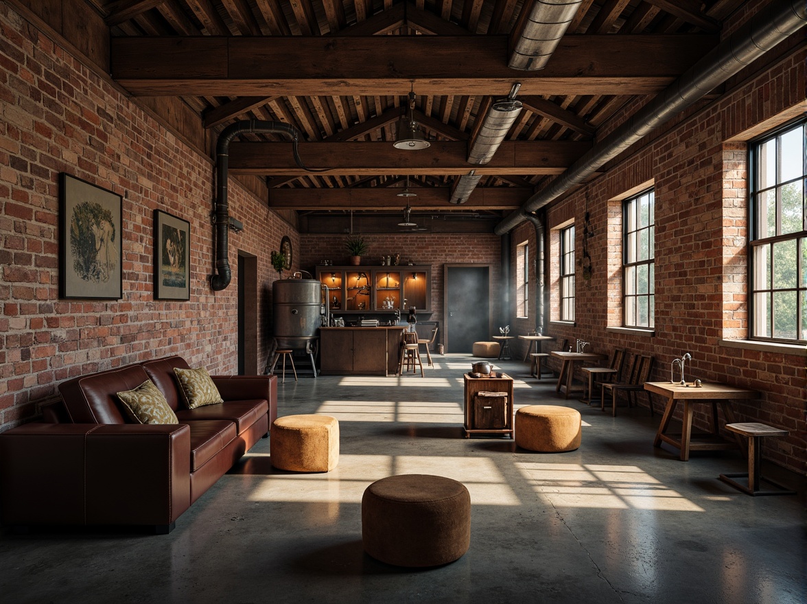 Prompt: Industrial heritage, aged brick facades, rusted metal accents, worn wooden beams, exposed ductwork, concrete flooring, reclaimed machinery parts, vintage factory tools, distressed leather furnishings, metallic color palette, warm dim lighting, shallow depth of field, 2/3 composition, atmospheric misting effects, realistic textures, ambient occlusion.