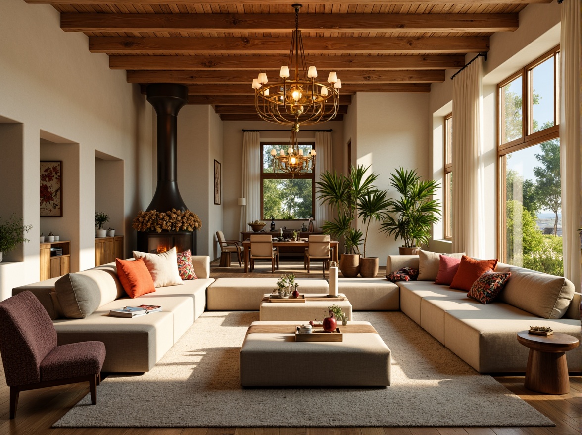 Prompt: Cozy living room, plush sofas, warm beige walls, rich wood flooring, comfortable armchairs, soft golden lighting, elegant chandeliers, vibrant colorful throw pillows, modern minimalist coffee tables, lush greenery, natural stone fireplaces, spacious open layouts, high ceilings, large windows, bright sunny day, shallow depth of field, 3/4 composition, realistic textures, ambient occlusion.