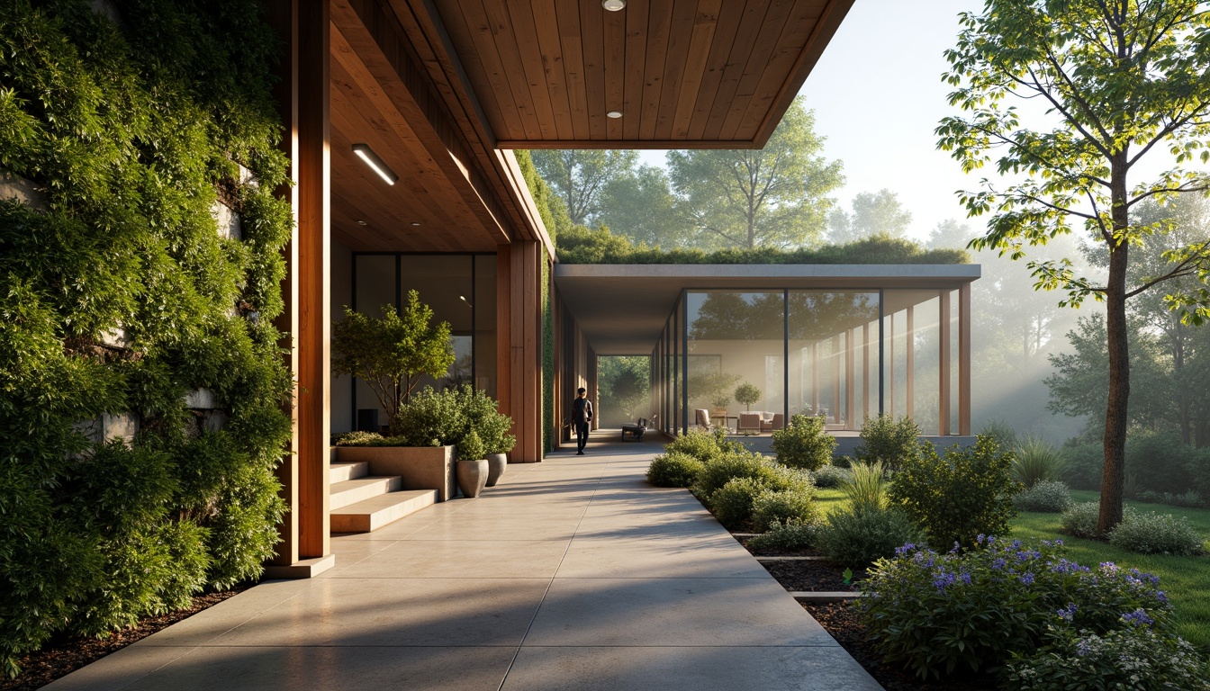 Prompt: Seamless indoor-outdoor transition, lush green walls, living roofs, natural stone floors, reclaimed wood accents, earthy color palette, organic shapes, biophilic design, abundant natural light, ventilation systems, energy-efficient solutions, rainwater harvesting, grey water reuse, native plant species, wildlife habitats, serene forest surroundings, misty morning atmosphere, soft warm lighting, shallow depth of field, 3/4 composition, realistic textures, ambient occlusion.