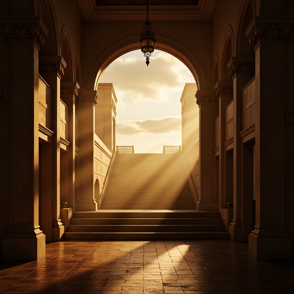 Prompt: Dramatic high-contrast lighting, warm golden hour ambiance, softbox diffused shadows, accentuated archways, backlit columns, rim-lit staircases, subtle gradient skies, cloud-filtered sunbeams, ambient Occlusion, realistic materials, detailed textures, atmospheric fog, misty veils, 1/2 composition, cinematic camera angles, symmetrical reflections, low-key mysterious mood, warm color palette, filmic grain, subtle lens flares.