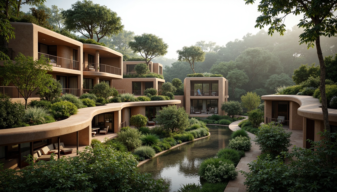 Prompt: Curvaceous buildings, natural stone walls, earthy tones, verdant roofs, undulating lines, flowing shapes, botanical gardens, lush greenery, tropical plants, wooden accents, warm lighting, cozy ambiance, 1/1 composition, shallow depth of field, soft focus, vibrant colors, intricate textures, organic patterns, futuristic details, sustainable materials, eco-friendly designs, minimalist approach, serene atmosphere, misty mornings.