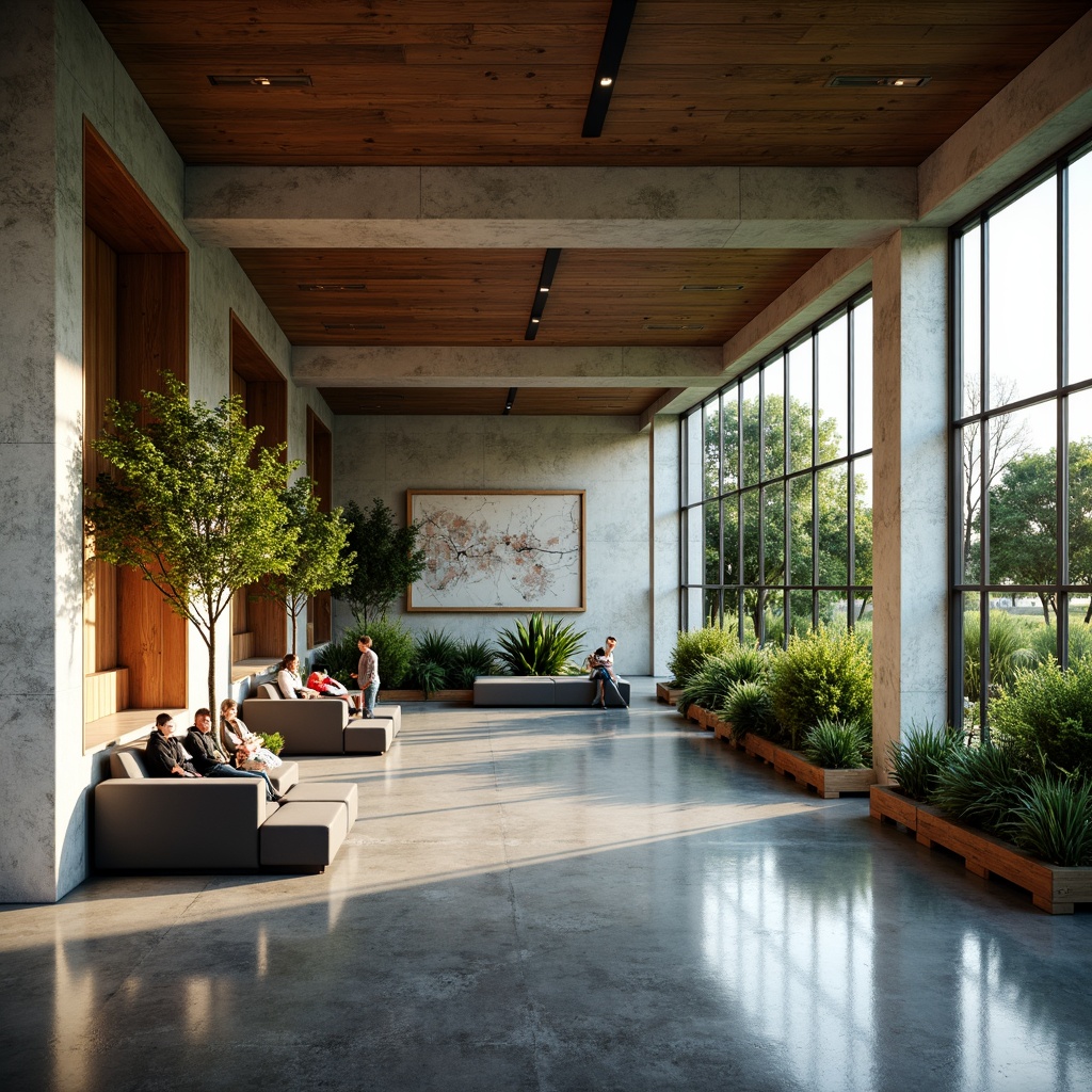 Prompt: Rustic stone walls, smooth wooden accents, sleek metallic surfaces, matte concrete floors, vibrant greenery, abstract art installations, modern minimalist architecture, large glass windows, natural light pouring in, subtle shadows, warm ambient lighting, shallow depth of field, 3/4 composition, realistic textures, ambient occlusion.