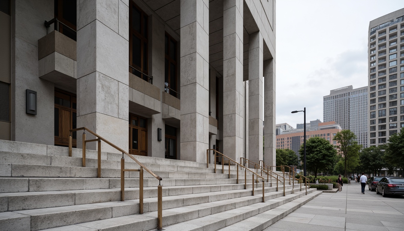 Prompt: Granite courthouse facade, symmetrical composition, grand entrance staircase, bronze door handles, tall columns, vertical windows, minimalist ornamentation, modernist architecture, urban cityscape, cloudy day, soft natural light, shallow depth of field, 1/2 composition, realistic textures, ambient occlusion.