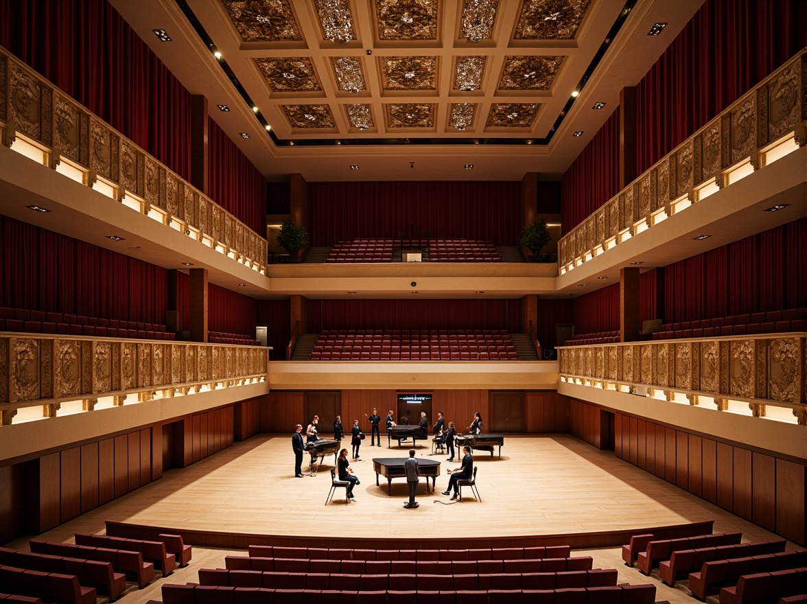 Prompt: Elegant concert hall, rich wood tones, velvety red curtains, ornate golden balconies, suspended soundproofing panels, acoustic diffusers, state-of-the-art audio equipment, tiered seating areas, intimate performance spaces, grand pianos, subtle ambient lighting, warm beige walls, polished wooden floors, plush audience chairs, sophisticated sound systems, 1/2 composition, shallow depth of field, soft focus blur, realistic textures.