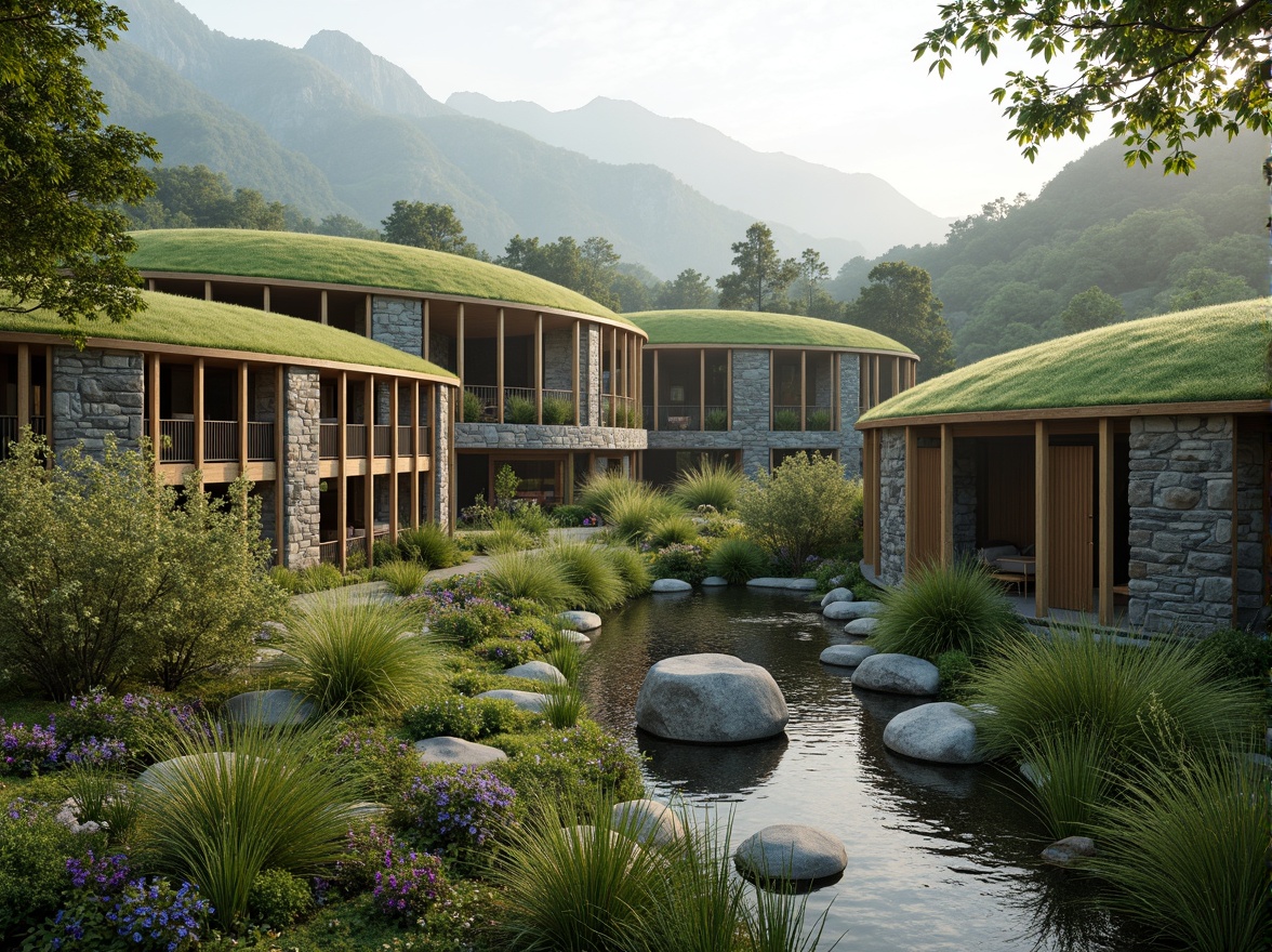 Prompt: Harmonious landscape integration, curved building lines, organic architecture, lush green roofs, native plant species, natural stone walls, wooden accents, earthy color palette, serene mountain backdrop, misty atmosphere, soft warm lighting, shallow depth of field, 2/3 composition, symmetrical balance, realistic textures, ambient occlusion.