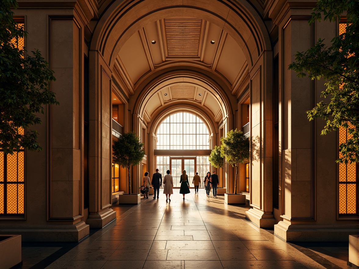 Prompt: Grand entrance, ornate details, symmetrical composition, elegant archways, stately columns, luxurious materials, metallic accents, vibrant LED lighting, futuristic glass fa\u00e7ade, modern minimalist approach, sleek lines, geometric patterns, intricate stonework, majestic proportions, imposing scale, dramatic shadow play, warm golden lighting, shallow depth of field, 1/2 composition, realistic textures.