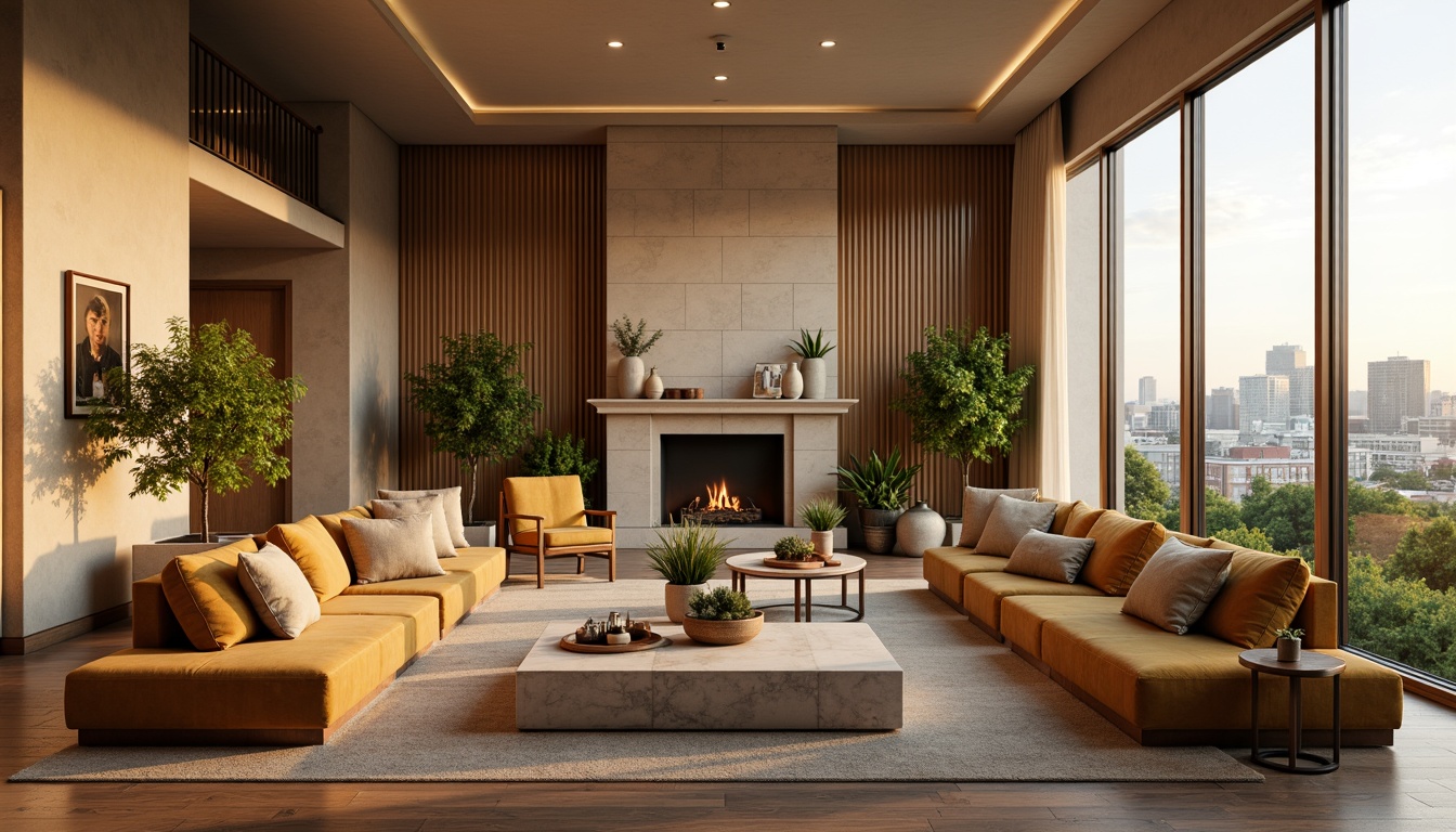 Prompt: Cozy living room, warm beige walls, plush velvet sofas, rich wood flooring, soft golden lighting, comfortable sectional seating, natural stone fireplace, elegant marble coffee tables, vibrant greenery, lush potted plants, floor-to-ceiling windows, breathtaking city views, modern minimalist decor, sleek metal accents, luxurious fabrics, soothing color palette, calming ambiance, 1/1 composition, shallow depth of field, realistic textures, ambient occlusion.