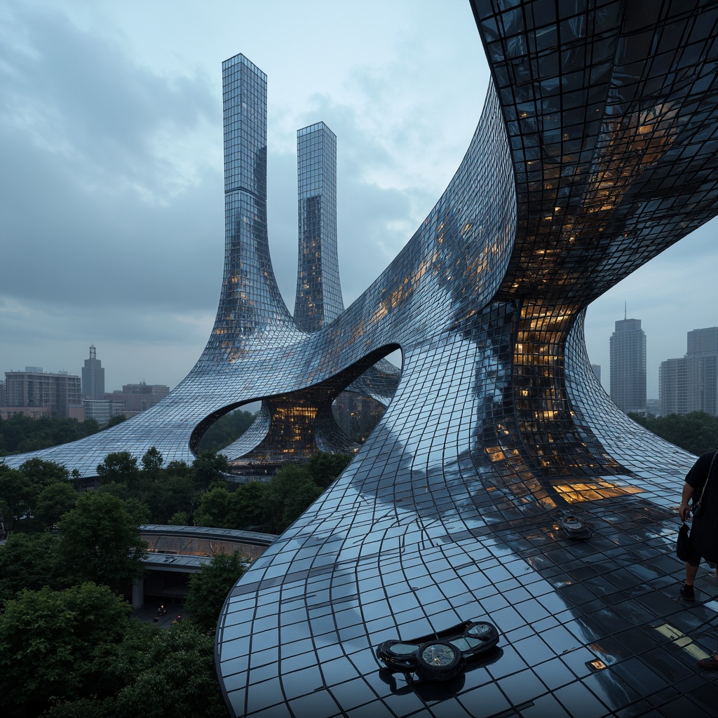 Prompt: Futuristic fusion architecture, sleek metallic surfaces, iridescent glass facades, undulating curves, parametric designs, intricate latticework, holographic patterns, neon-lit accents, cyberpunk aesthetics, virtual reality interfaces, augmented reality experiences, futuristic cityscapes, misty atmospheric effects, shallow depth of field, 1/1 composition, cinematic lighting, high-contrast shadows, reflective surfaces, ambient occlusion.