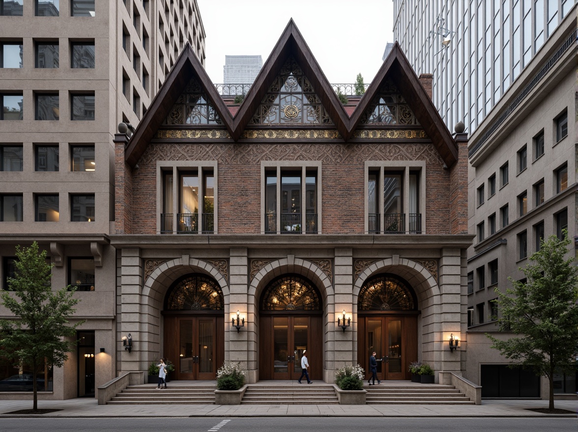 Prompt: Rustic stone fa\u00e7ade, geometric brick patterns, ornate metallic details, grandiose entrance archways, dramatic cantilevered roofs, symmetrical composition, monumental columns, imposing cornices, intricate stonework, robust concrete foundations, urban cityscape backdrop, overcast sky with subtle warm lighting, shallow depth of field, 2/3 composition, realistic textures, ambient occlusion.