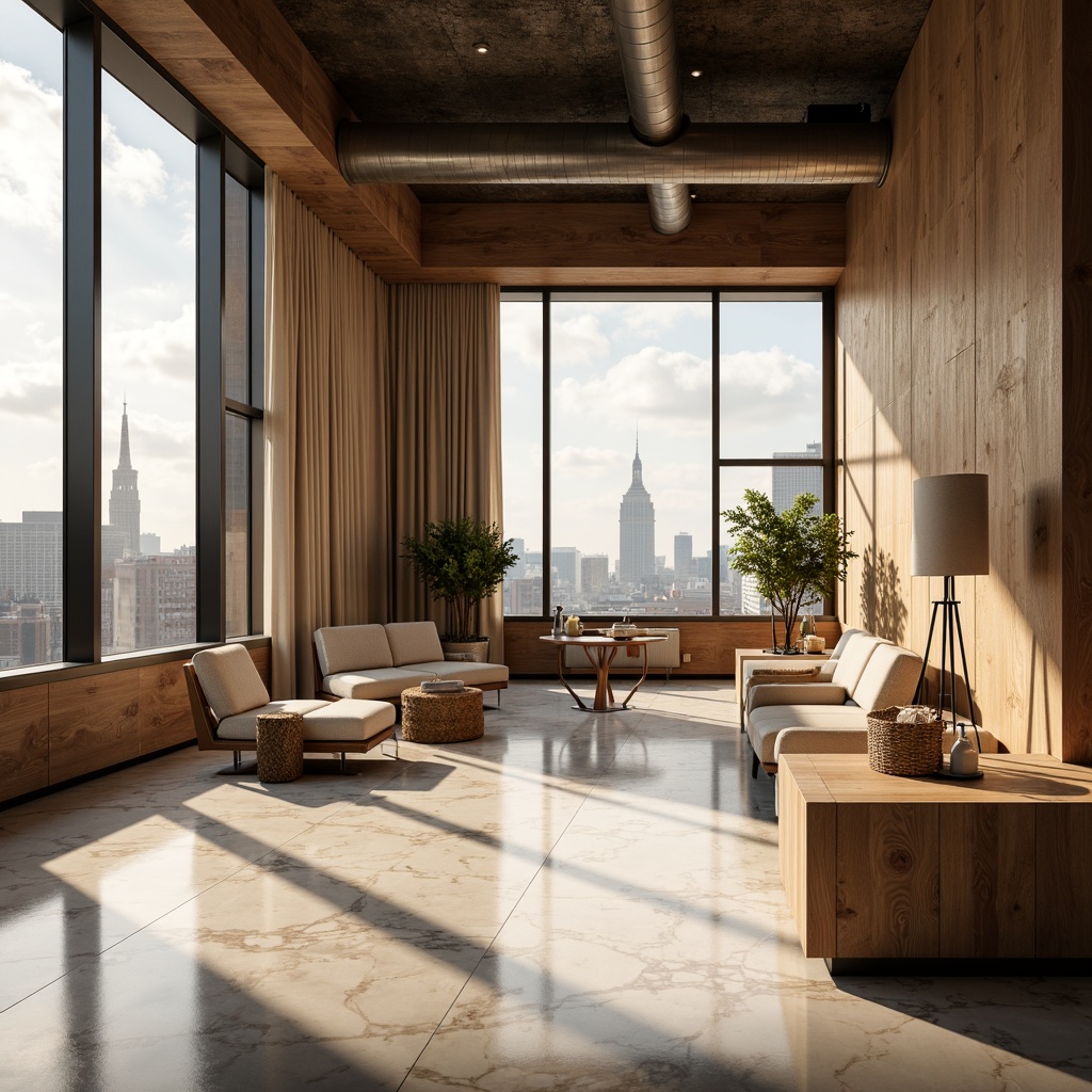 Prompt: Earthy coffee tones, warm beige walls, rich brown wood accents, creamy white marble floors, industrial metal beams, modern minimalist decor, urban cityscape views, floor-to-ceiling windows, natural light pouring in, soft warm glow, shallow depth of field, 1/2 composition, realistic textures, ambient occlusion.