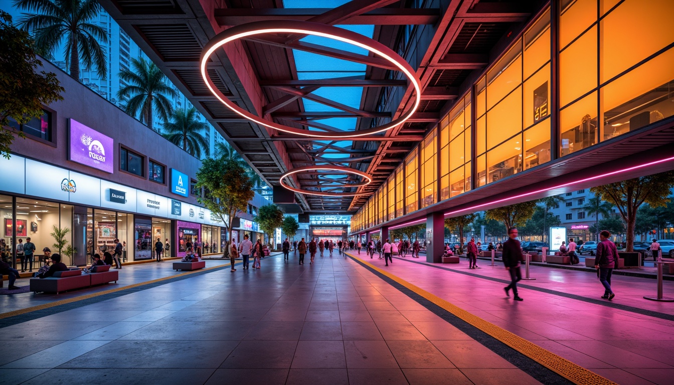 Prompt: Vibrant tram station, modern architecture, bold color scheme, bright LED lighting, sleek metal accents, dynamic curves, geometric patterns, urban cityscape, rush hour atmosphere, busy pedestrian traffic, digital signage, real-time information displays, comfortable seating areas, accessible ramps, safety handrails, durable flooring materials, noise reduction systems, warm ambient lighting, 1/2 composition, shallow depth of field, realistic textures.