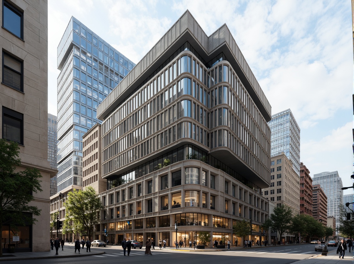 Prompt: Monumental bank building, constructivist facade, geometric patterns, rectangular volumes, cantilevered structures, bold concrete forms, industrial materials, metal grids, glass bricks, minimalist ornamentation, urban cityscape, busy streets, morning light, shallow depth of field, 1/2 composition, realistic textures, ambient occlusion.