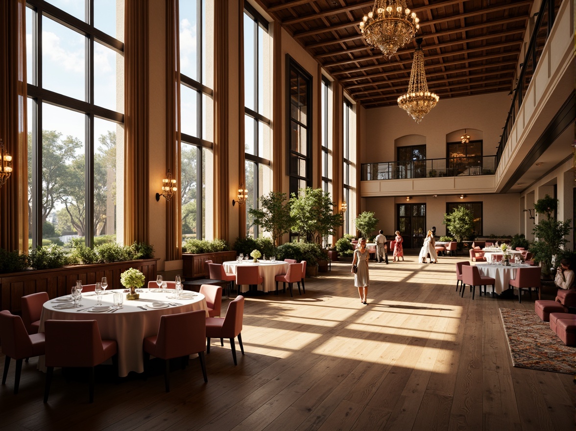 Prompt: Grand dining hall, high ceilings, large windows, natural lighting, warm wooden floors, elegant chandeliers, refined table settings, comfortable seating areas, soft warm ambiance, afternoon sunlight, gentle shadows, 1/1 composition, shallow depth of field, realistic textures, ambient occlusion, luxurious fabrics, sophisticated color palette, harmonious spatial layout.