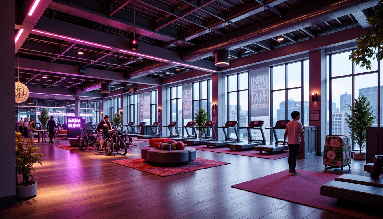 Prompt: Vibrant fitness club interior, high-ceilinged open spaces, polished wooden floors, sleek metallic equipment, mirrored walls, neon-lit signage, energizing color schemes, dynamic lighting effects, strobe lights, LED strips, floor-to-ceiling windows, natural daylight, urban cityscape views, modern minimalist decor, industrial-chic accents, motivational quotes, futuristic architecture, low-hanging lamps, spotlights on equipment, warm-up areas, stretching zones, cardio machines, free weights, exercise mats, lockers, showers, luxurious lounge seating, ambient electronic music, high-energy atmosphere.