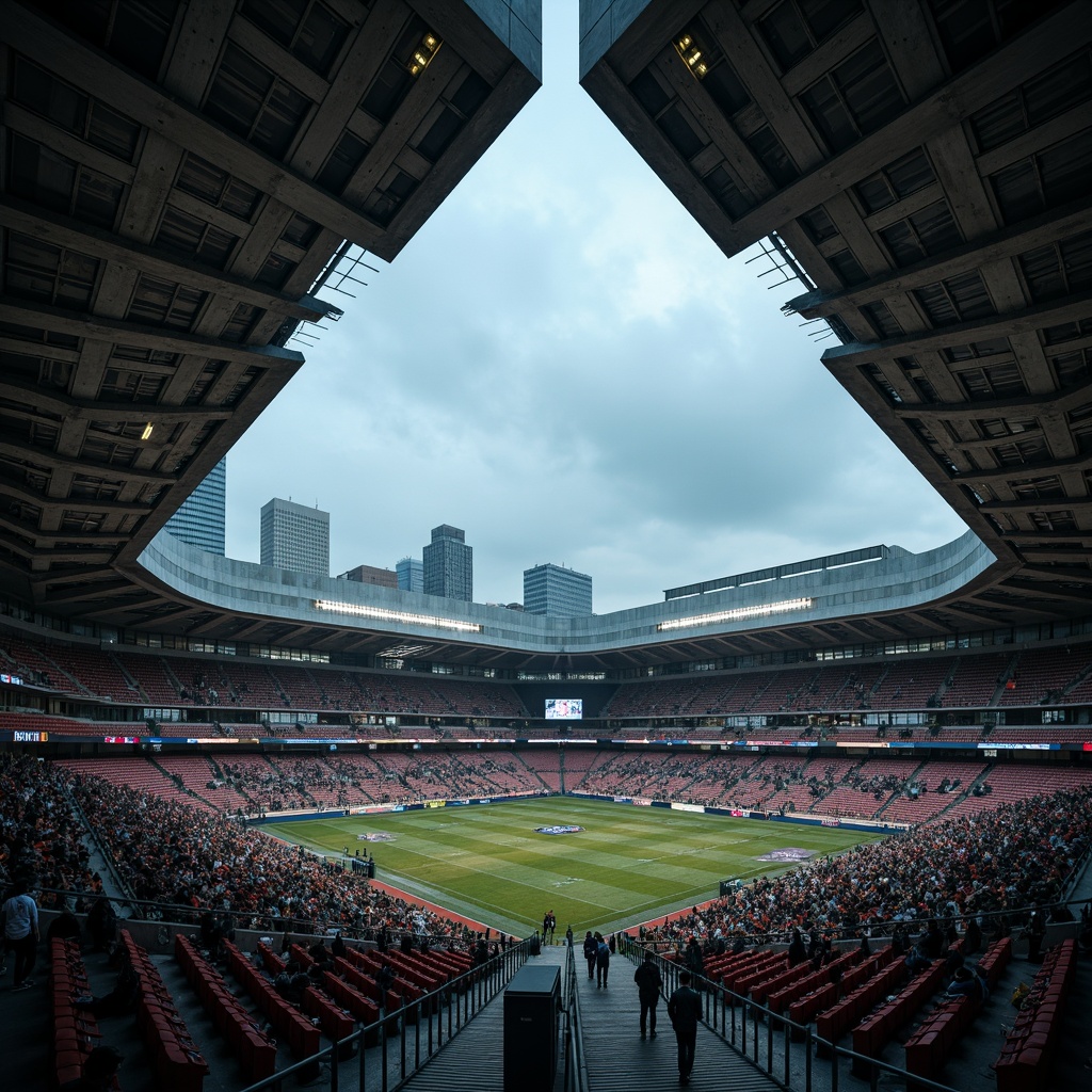 Prompt: Rugged football stadium, brutalist architecture, exposed concrete structures, raw steel beams, bold angular lines, monumental scale, imposing grandstand, tiered seating, vibrant team colors, floodlighting, dramatic shadows, urban cityscape backdrop, atmospheric misty evening, high-contrast lighting, cinematic composition, symmetrical framing, gritty textures, weathered finishes.