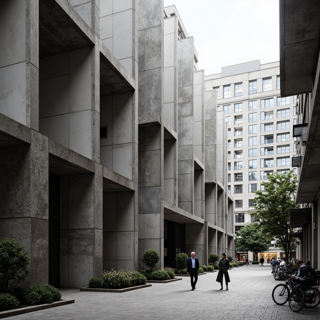 Prompt: Exposed concrete structures, brutalist forms, industrial materials, raw steel beams, rough-hewn stone walls, minimalist ornamentation, functional simplicity, angular lines, monochromatic color scheme, dramatic natural lighting, sparse greenery, urban cityscape, busy street activity, shallow depth of field, 1/2 composition, high-contrast textures, ambient occlusion.