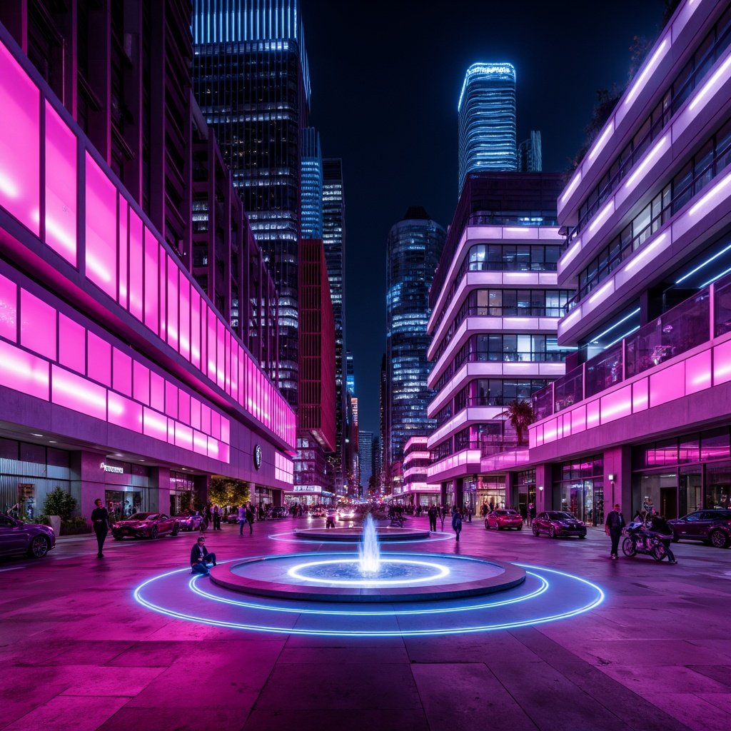 Prompt: Vibrant magenta accents, bold artistic expressions, abstract geometric patterns, futuristic neon lights, electric blue undertones, metallic silver reflections, glossy finish, modern avant-garde architecture, sleek angular lines, urban cityscape, nighttime illumination, dramatic shadows, high-contrast lighting, 1/1 composition, cinematic atmosphere, stylized realism.