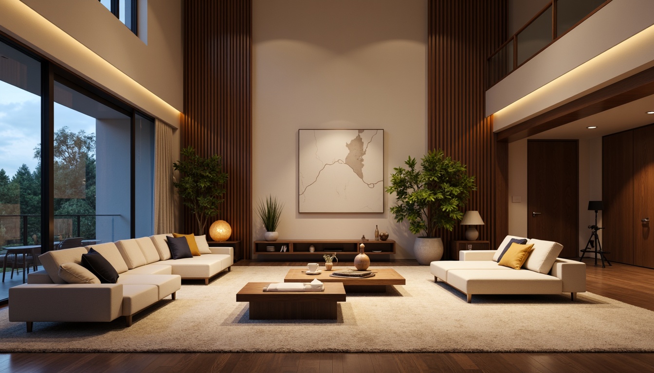 Prompt: Luxurious living room, high ceilings, sound-absorbing materials, plush carpeting, comfortable sofas, wooden acoustic panels, soundproof windows, minimalist decor, warm ambient lighting, 1/1 composition, shallow depth of field, realistic textures, ambient occlusion, optimal speaker placement, immersive audio experience, crystal-clear sound quality, precise echo reduction.